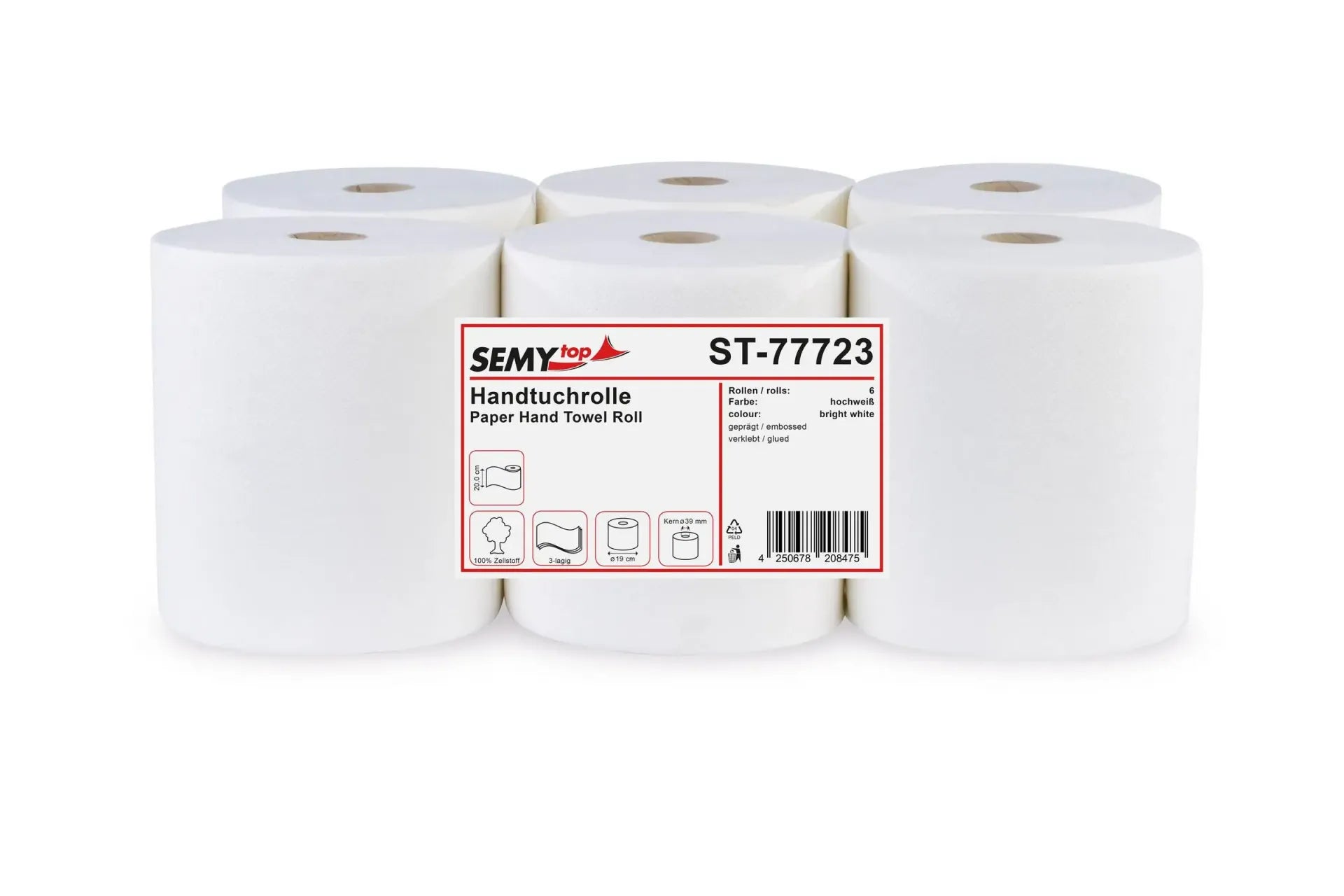 SemyTop Handtuchrolle Autocut 20 cm, 3-lagig, Ø 19 cm, Zellstoff hochweiß, 6 Rollen