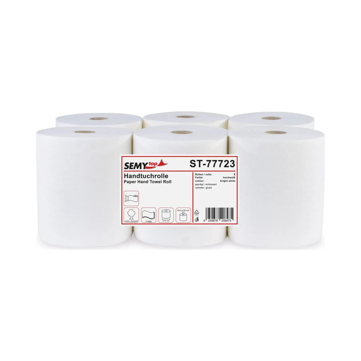 SemyTop Handtuchrolle Autocut 20 cm, 3-lagig, Ø 19 cm, Zellstoff hochweiß, 6 Rollen